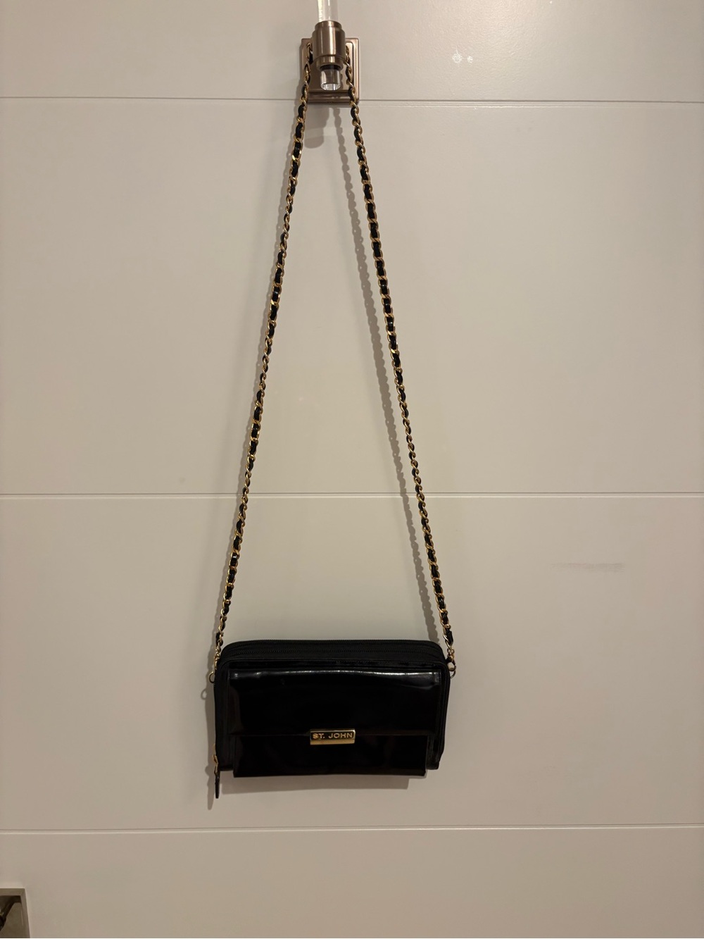 St. John Black Patent Crossbody with Gold Chain